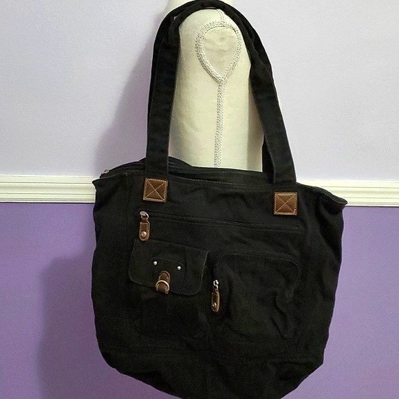 Black Multipockets Utility Boho Canvas Tote Shoulder Bag - Picture 1 of 9
